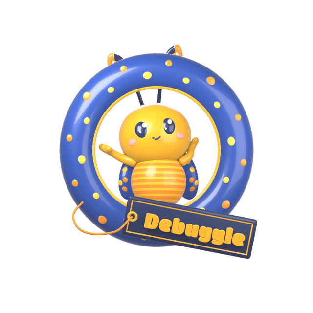 Debuggle logo: a smiling yellow bug waving from inside a blue spotted ring, with a Debuggle name tag.